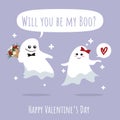 Valentine`s Day background of cute couple ghost with Will you be my boo? and Happy Valentine`s Day text on purple background.