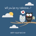 Valentine`s Day background of cute couple owls on tree branch on blue sky with cute cloud background. Royalty Free Stock Photo