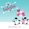 Valentine`s Day background background of cute couple penguins on snow floor with heart shape balloon. Royalty Free Stock Photo