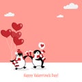 Valentine`s Day background of cute couple penguins on snow floor with heart shape balloons and gift box.