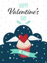 Valentine`s Day background of cute cupcakes with red heart with wings and Be mine text on green ribbon. Royalty Free Stock Photo