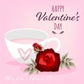 Valentine`s Day background of cute tea cups with heart and red roses with leaves on pink background.