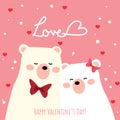 Valentine`s Day background of cute polar bear couple and tiny heart with Love and Happy Valentine`s Day text on pink background. Royalty Free Stock Photo