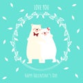 Valentine`s Day background with cute polar bear couple with Love you and Happy Valentine`s Day text. Royalty Free Stock Photo