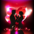 Valentine`s Day background with 3d hearts and couple silhouette