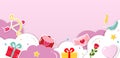 Valentine`s day background decorated with gift, love letter, heart, rose, star, feather, and archer on pink background.