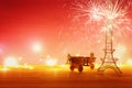 Valentine's day background. Eiffel tower and wooden toy plane, over the table and red bakground. Fireworks overlay. Royalty Free Stock Photo