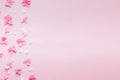 Valentine's Day background. Frame made of pink flowers, hearts on pastel pink background. Valentines day concept.