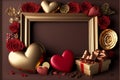 Valentine`s Day background. Frame made with rose flowers, gifts, chocolate, hearts, Valentines day greeting card concept. copy