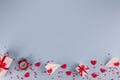 Valentine`s Day background. Gifts, confetti, paper plane on pastel blue background. Valentines day concept. Flat lay, top view