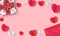 Valentine`s Day background, Gifts, envelope and paper hearts on pink background, vector