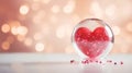 Valentine\'s Day background with glass ball with red heart symbol inside on a white lighting blurred background AI Generated
