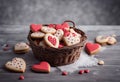 Valentine\'s Day background grey wooden celebration heart tasty shaped cookies Basket