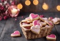 Valentine\'s Day background grey wooden celebration heart tasty shaped cookies Basket