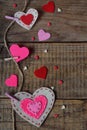 Valentine`s Day background with handmade felt hearts, clothespins. Valentine gift making, diy hobby. Romantic, love concept. Happ Royalty Free Stock Photo