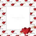 Valentine`s Day background of red hearts with arrow, tiny star and Love You text with white frame with your copy space. Royalty Free Stock Photo