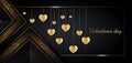 Valentine`s day background. Heart golden in frame on black background. Luxury style