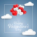 Valentine`s Day background of red and white heart shape balloons hanging Happy Valentine`s Day text on blue sky.