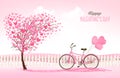 Valentine`s Day background with a heart shaped tree and a bicycl