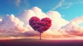 Valentine\'s day background with heart shaped tree, green field and clouds Royalty Free Stock Photo