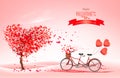 Valentine`s Day background with a heart shaped tree and a tandem bicycle Royalty Free Stock Photo