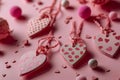 Valentine's day background with hearts and beads on pink background