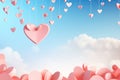 Valentine\'s day background with hearts and clouds. 3d rendering, Paper art of Heart shape hanging from the sky on pastel