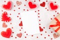 Valentine`s Day Background with Hearts, Gift Box with Red Ribbon and Blank Card Royalty Free Stock Photo