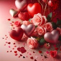 Valentine\'s day background with hearts, roses and confetti