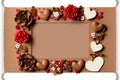 Valentine`s Day background. horizontal frame postcard paper kraft, made of gifts, hearts, roses and chocolates of Valentines day, Royalty Free Stock Photo