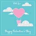 Valentine`s Day background of heart shape hot air balloon with wings and With Love and Happy Valentine`s Day text. Royalty Free Stock Photo