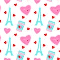 Valentine s Day background. Illustration Eiffel Tower and Pink heart. Vector seamless pattern. Royalty Free Stock Photo