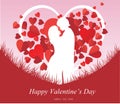 Valentine's Day background with a kissing couple silhouette, heart shaped tree