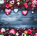 Valentine`s Day Background with love themed elements like cotton and paper hearts