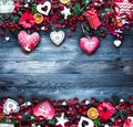 Valentine`s Day Background with love themed elements like cotton and paper hearts Royalty Free Stock Photo