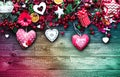 Valentine`s Day Background with love themed elements like cotton and paper hearts