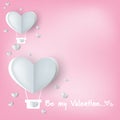 Valentine`s day background of heart shape hot air balloons with heats and lined pattern on pink background.