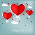 Valentine`s day background of heart shape hot air balloon with heats and lined pattern on blue sky with white clouds. Royalty Free Stock Photo