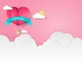 Valentine`s Day background of paper cut heart shape hot air balloon with Love you text on blue ribbon floating in the pink sky. Royalty Free Stock Photo