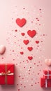 Valentine's day background with paper hearts on dark brown background. Parents Day. Red satin bow isolated on white Royalty Free Stock Photo