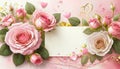 Valentine\'s day background with peach-rose colored roses and a blank card with copy space. Top view Royalty Free Stock Photo