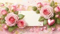 Valentine\'s day background with peach-rose colored roses and a blank card. Top view Royalty Free Stock Photo