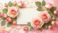 Valentine\'s day background with peach-rose colored roses and a blank card. Top view Royalty Free Stock Photo