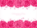 Valentine`s Day background of pink rose frame with tiny pink heart on white background with copy space. Royalty Free Stock Photo