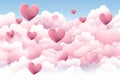 Valentine's day background with pink hearts and clouds. Red satin bow isolated on white background Royalty Free Stock Photo