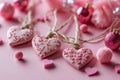 Valentine's day background with pink hearts and pink flowers.