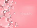 Valentine`s Day background of pink hearts, white pearl and Love text on pink background with copy space. Royalty Free Stock Photo