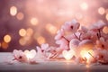 Valentine\'s day background in pink tones with glowing hearts and sakura flowers, horizontal luxury glamour romantic backdrop