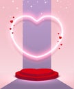 Valentine`s day background. Podium for product display with heart neon lighting and love elements on abstract scene background. Royalty Free Stock Photo