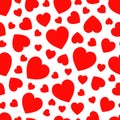 Valentine`s Day background. Random hearts icons vector seamless pattern. Abstract repeated texture. Red hearts symbols. Good choi